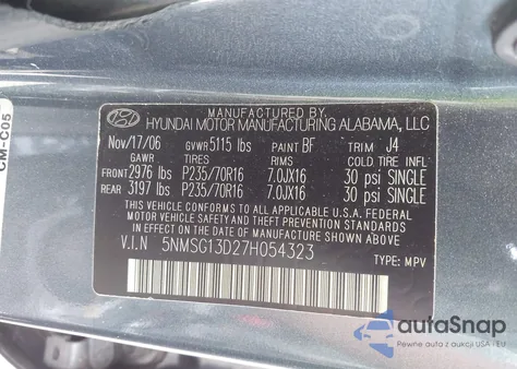 2007 Hyundai Santa Fe Gls from USA, damaged, VIN 5NMSG13D27H054323